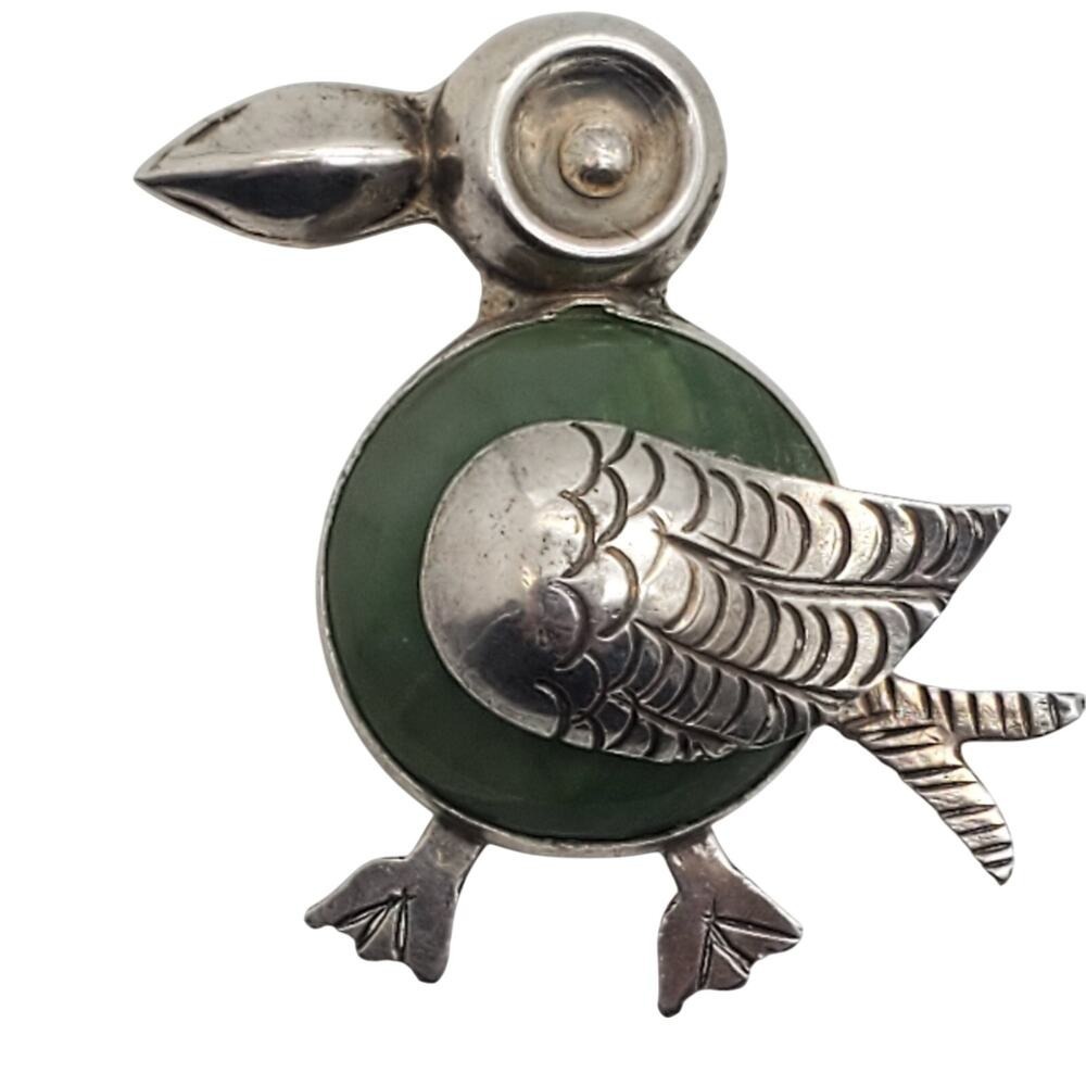 Mexican Sterling Silver Bird Brooch Green Body Whimsical Taxco Folk Art Pin Vtg - Picture 6 of 7